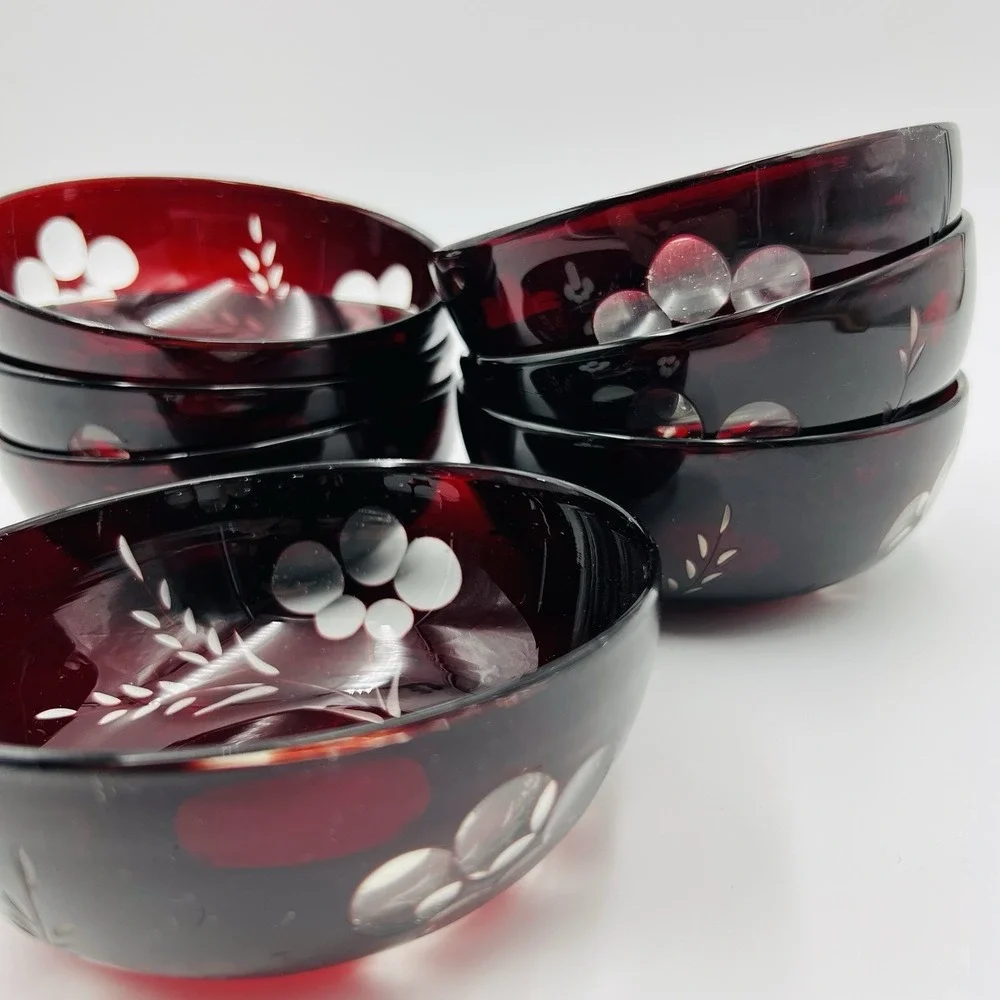 Set of‎ 7 Hand Blown Bohemian Ruby Cut to Clear Glass Bowls Floral Wheat Bubbles